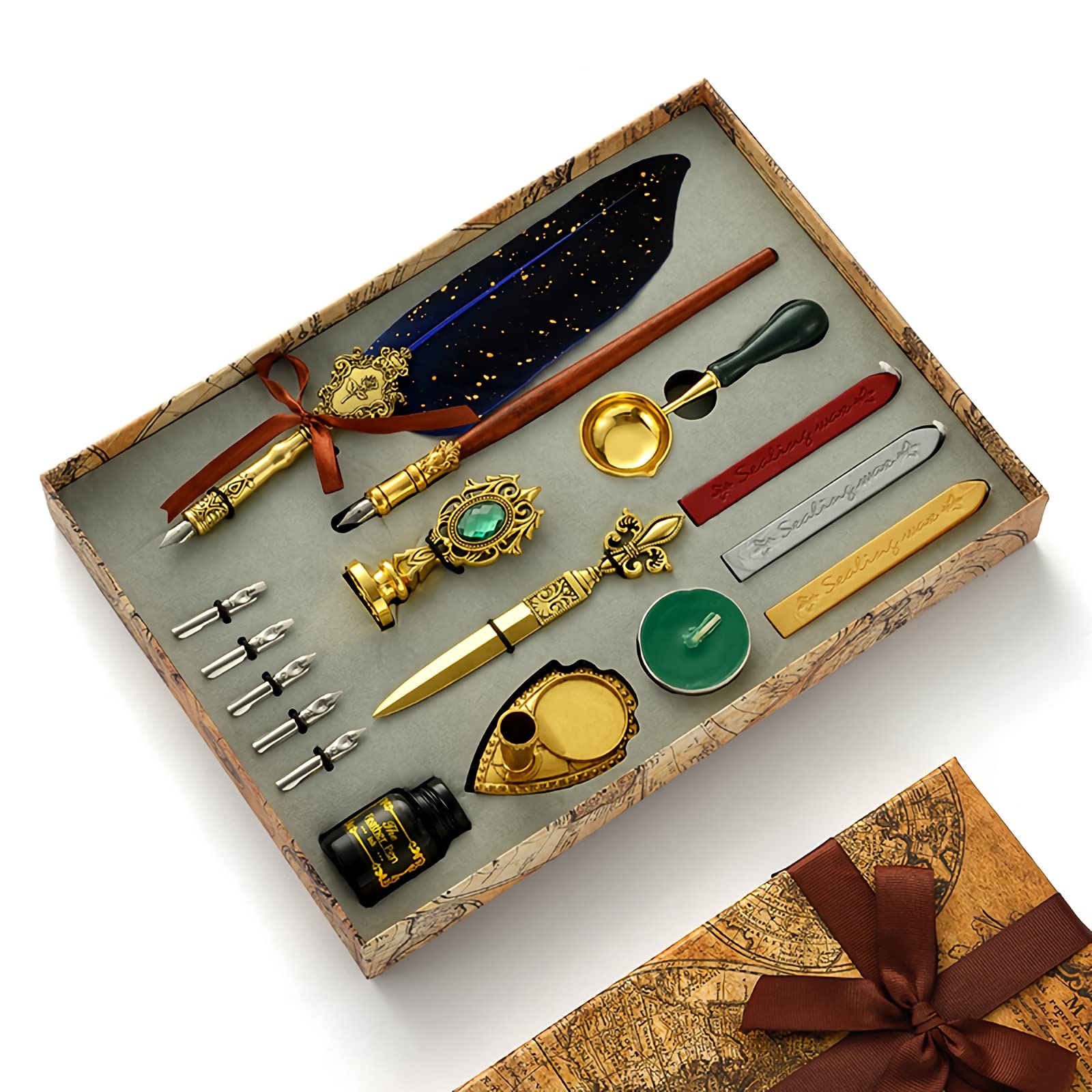 HASTHIP Feather Pen Set, Mechanical Style Metal Nibs Feather Fountain Pen with Ink, 5 Replacement Nibs Set, Luxury Antique Calligraphy Writing Dip Pen for Gift, Decor (Blue) HASTHIP Feather Pen Set, Mechanical Style Metal Nibs Feather Fountain Pen with Ink, 5 Replacement Nibs Set, Luxury Antique Calligraphy Writing Dip Pen for Gift, Decor (Blue)